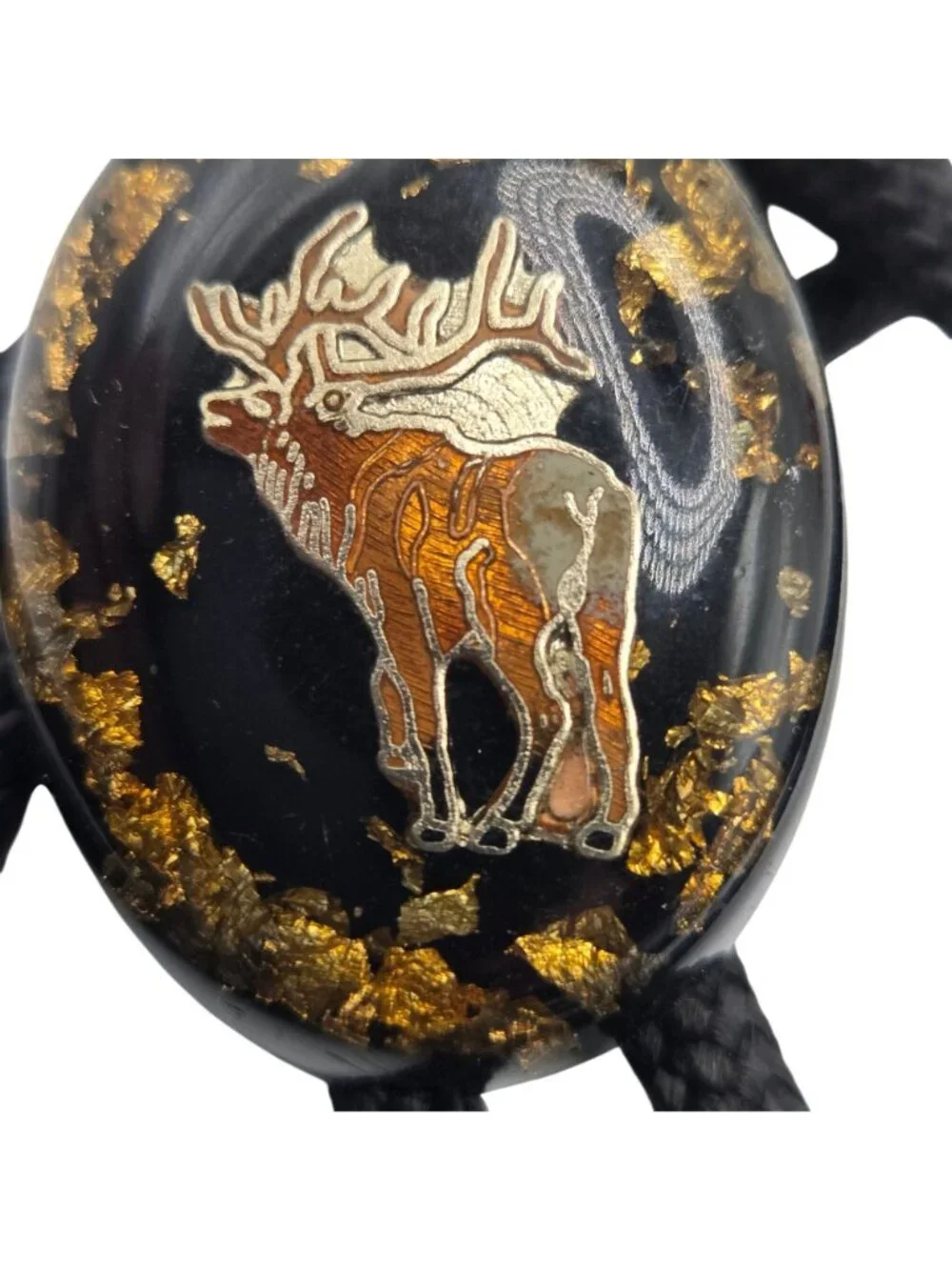 Vintage Elk Bolo Tie Cowboy Western Wear Black Gold Flakes Necktie Necklace